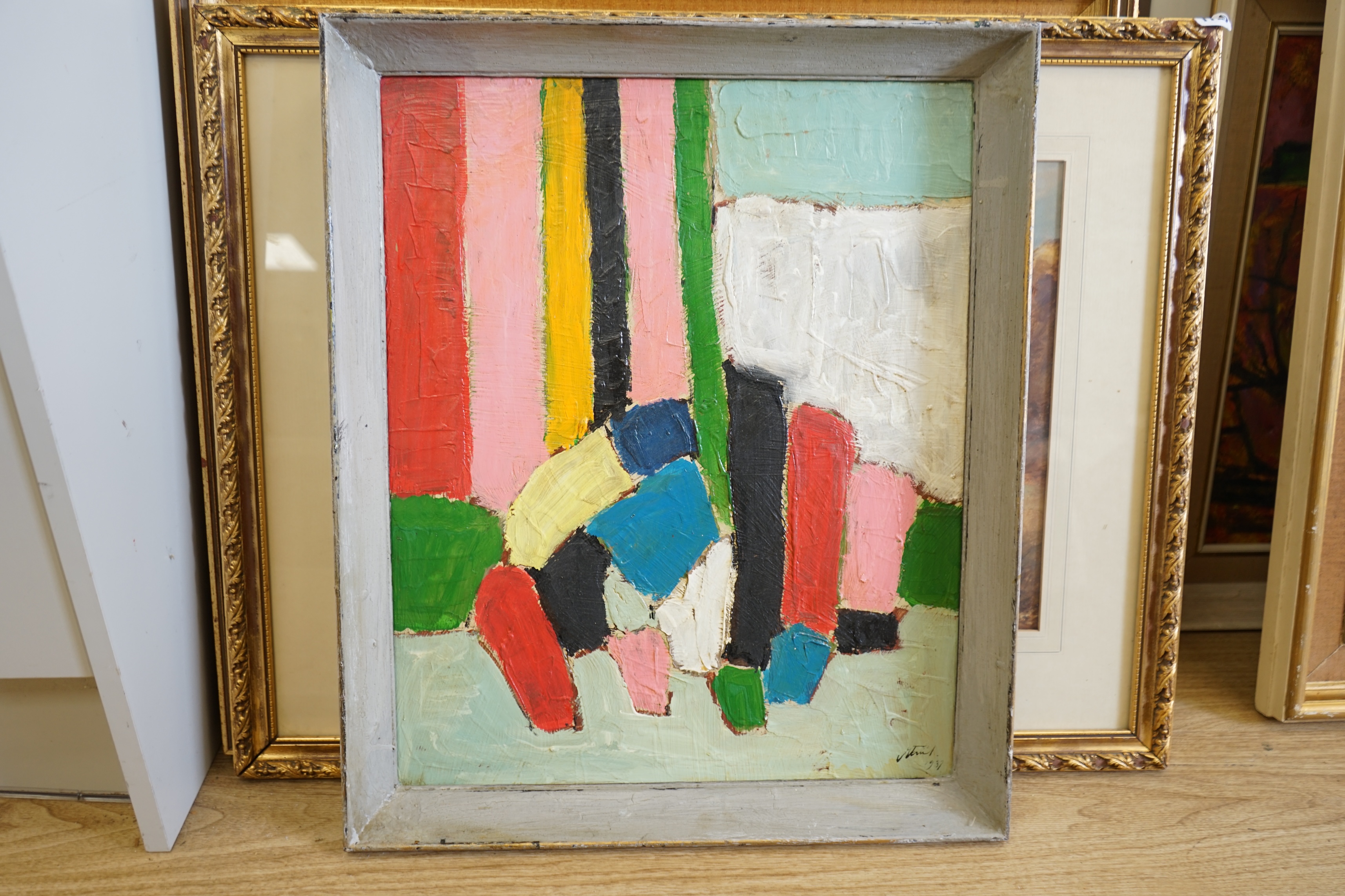 A decorative oil on board, Abstract composition, Geometric shapes, 54x 44cm. Condition - good